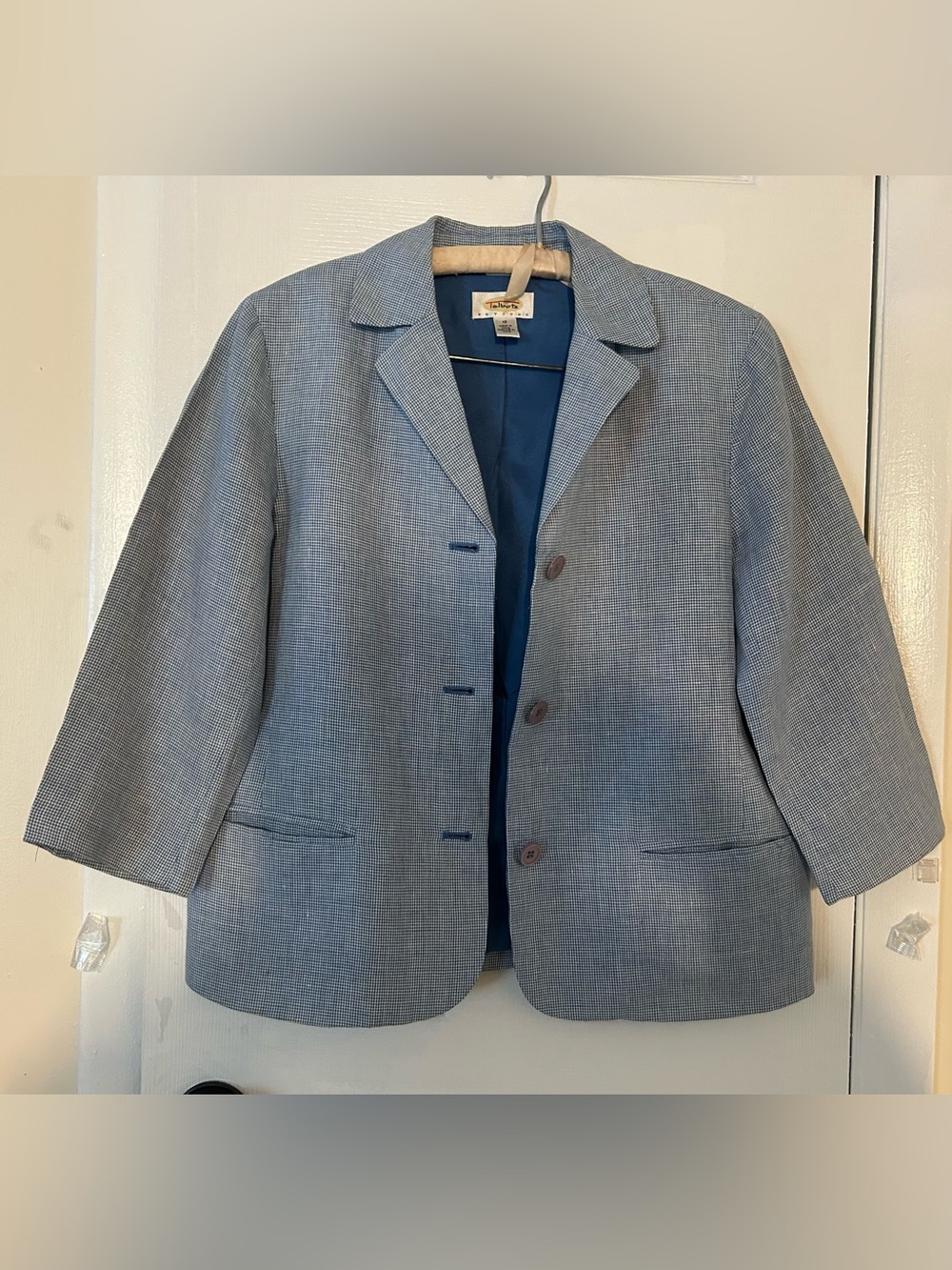 Talbots Women Petites Blue Houndstooth 100% Linen Blazer Women’s Size 10 - Picture 2 of 11